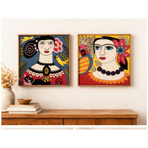 Anthro Style Boho Wall Art Set Colorful Folk Portrait 17.75”